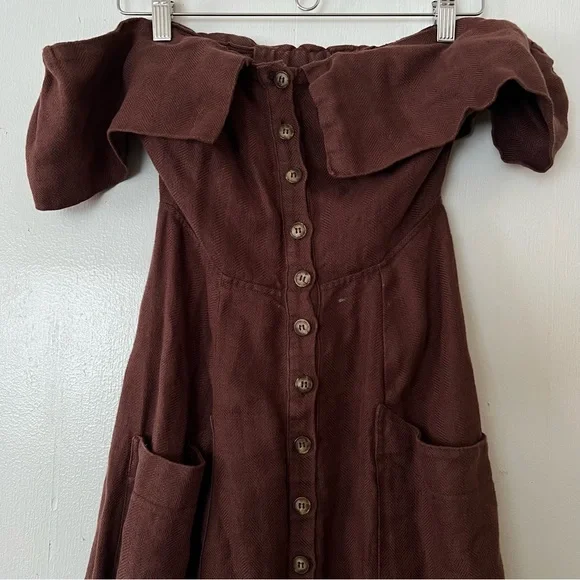 Reformation Marian Linen Dress in Brown Off The Shoulder Celeb Favorite Rare HTF - Picture 6 of 9